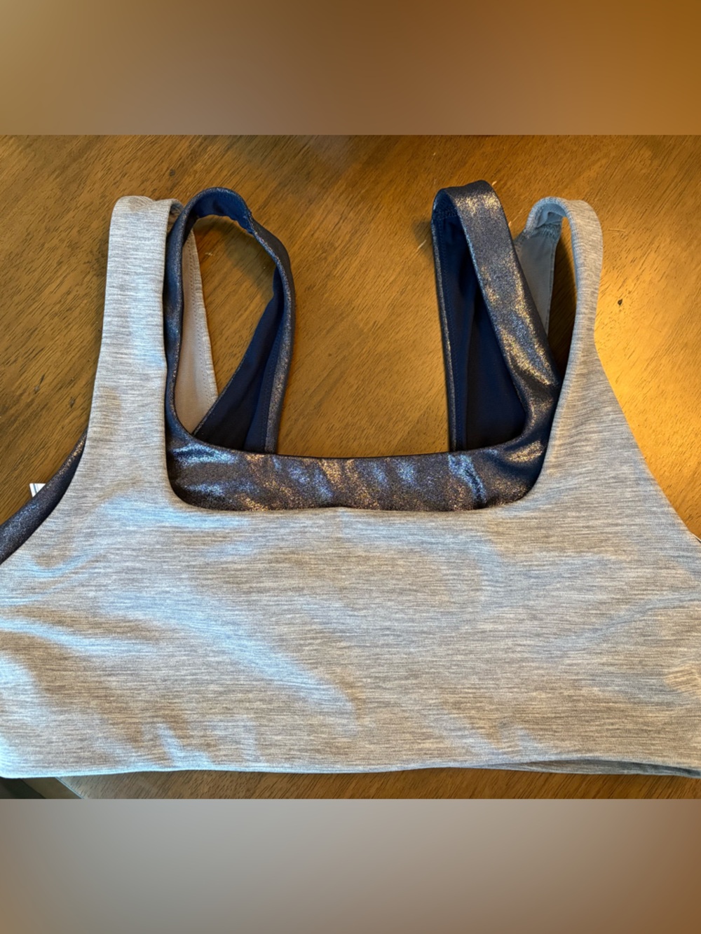 PINK Victoria's Secret Heather Gray Sports Bra with Shimmery Navy Straps